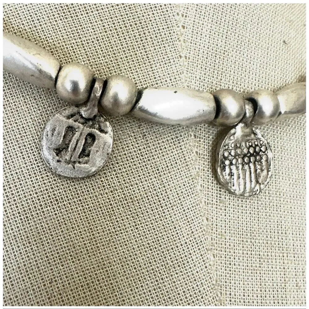 Silver Tone Beaded Leather Necklace with Textured Disc Charms